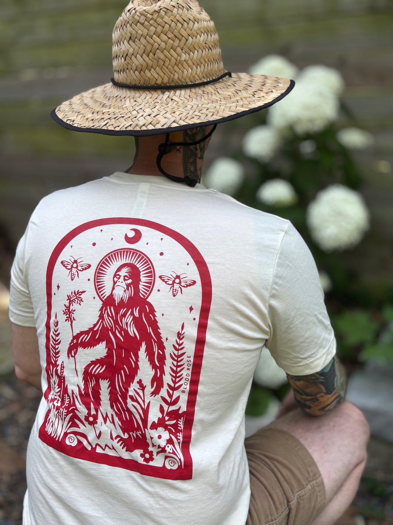 Saint Sasquatch Bigfoot Patron Saint of Hide and Seek Hand Screen Printed Tee Red on Natural