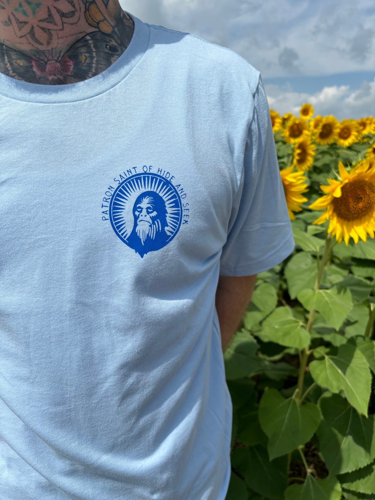 Saint Sasquatch Bigfoot Patron Saint of Hide and Seek Hand Screen Printed Tee Blue on Blue