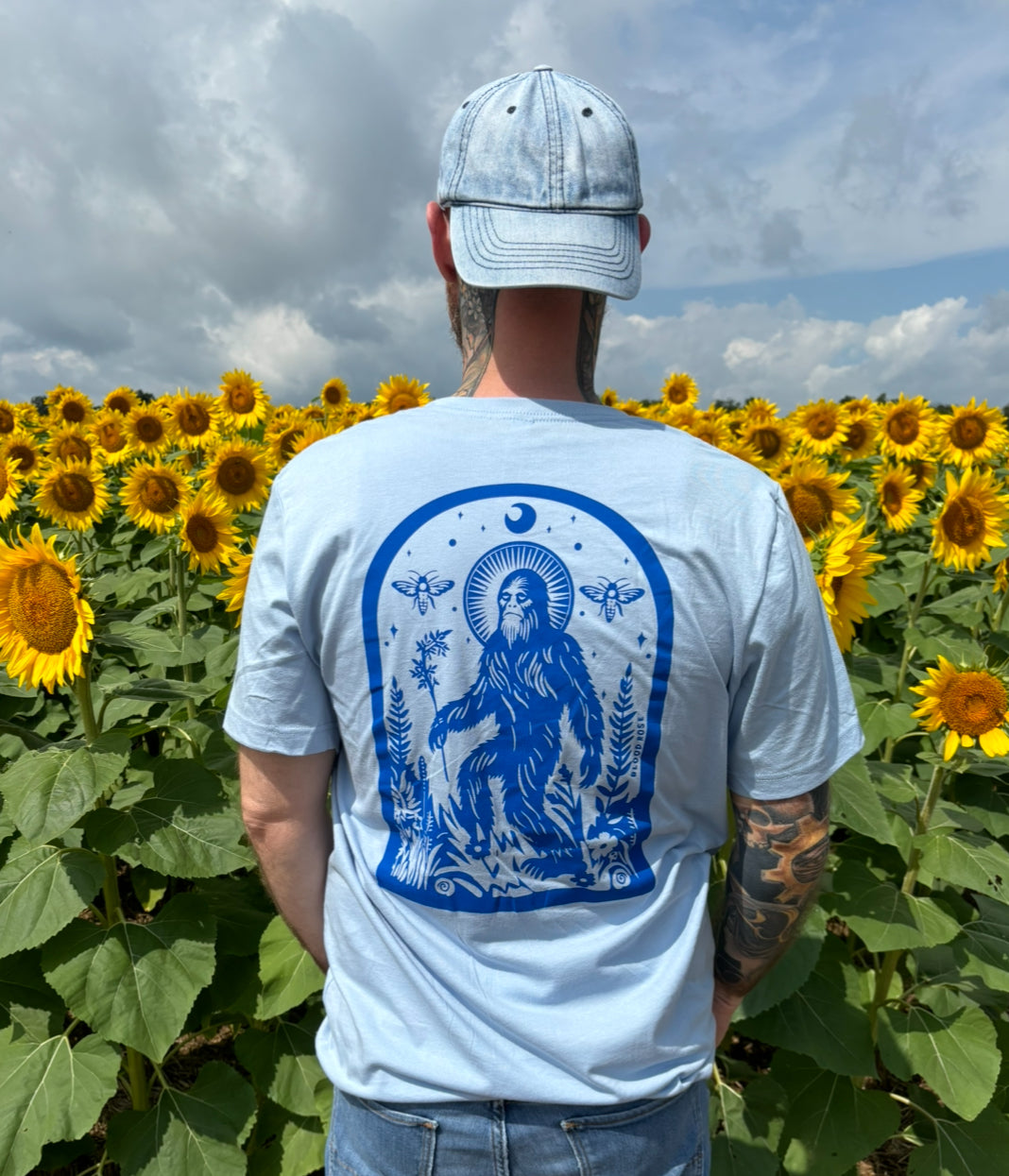 Saint Sasquatch Bigfoot Patron Saint of Hide and Seek Hand Screen Printed Tee Blue on Blue