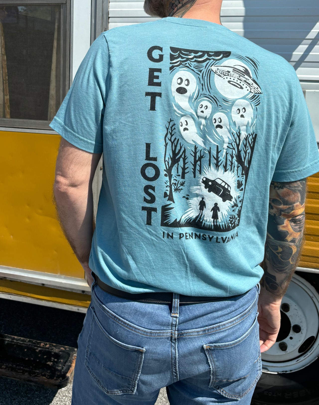 Get Lost in Pennsylvania Hand Screen Printed Tee, Black/White on Blue