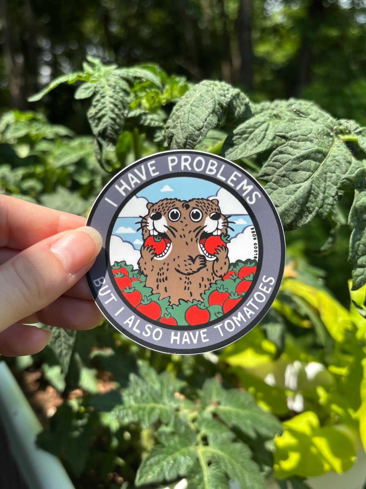 Two-headed Groundhog 'I have problems, but I also have tomatoes' Vinyl Sticker